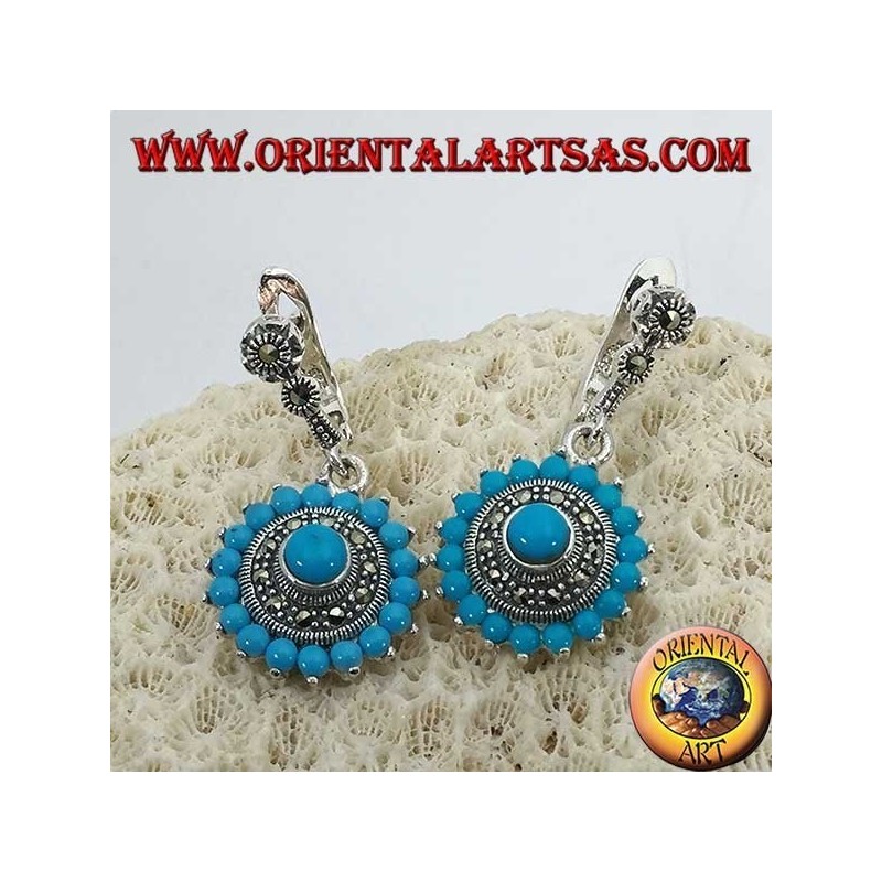 Round silver earrings, with 18 + 1 turquoise and surrounded by marcasites