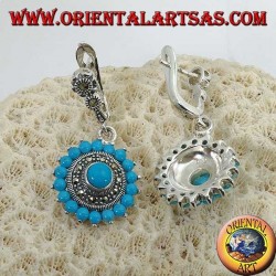 Round silver earrings, with 18 + 1 turquoise and surrounded by marcasites