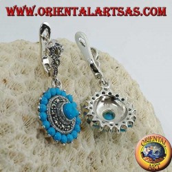Boucles d'oreilles rondes en argent, avec 18 + 1 turquoise et entourées de marcassites