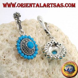 Round silver earrings, with 18 + 1 turquoise and surrounded by marcasites