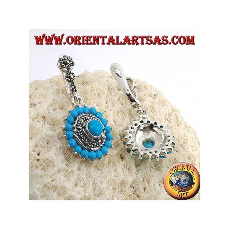 Round silver earrings, with 18 + 1 turquoise and surrounded by marcasites