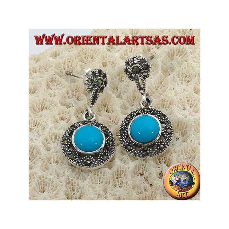 Round pendent silver earrings, with a central turquoise surrounded by marcasites