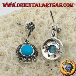 Boucles d'oreilles pendantes rondes en argent, avec une turquoise centrale entourée de marcassites