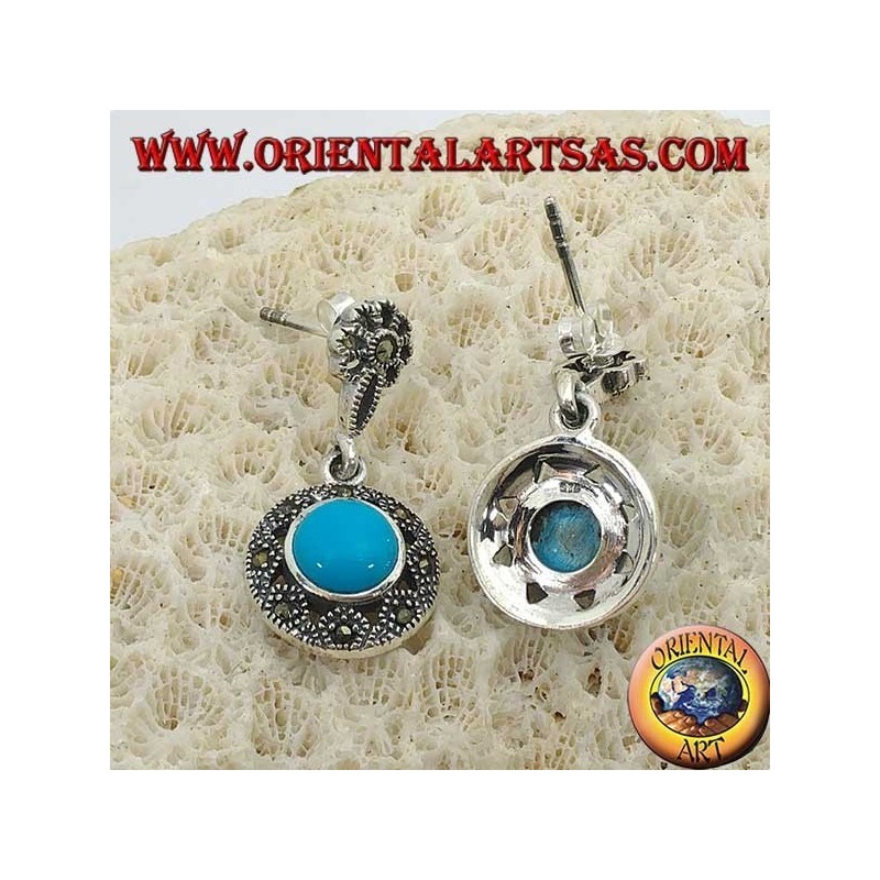 Round pendent silver earrings, with a central turquoise surrounded by marcasites