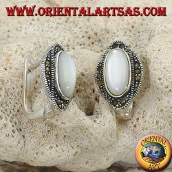 Silver lobe earrings with oval mother of pearl surrounded by marcasites