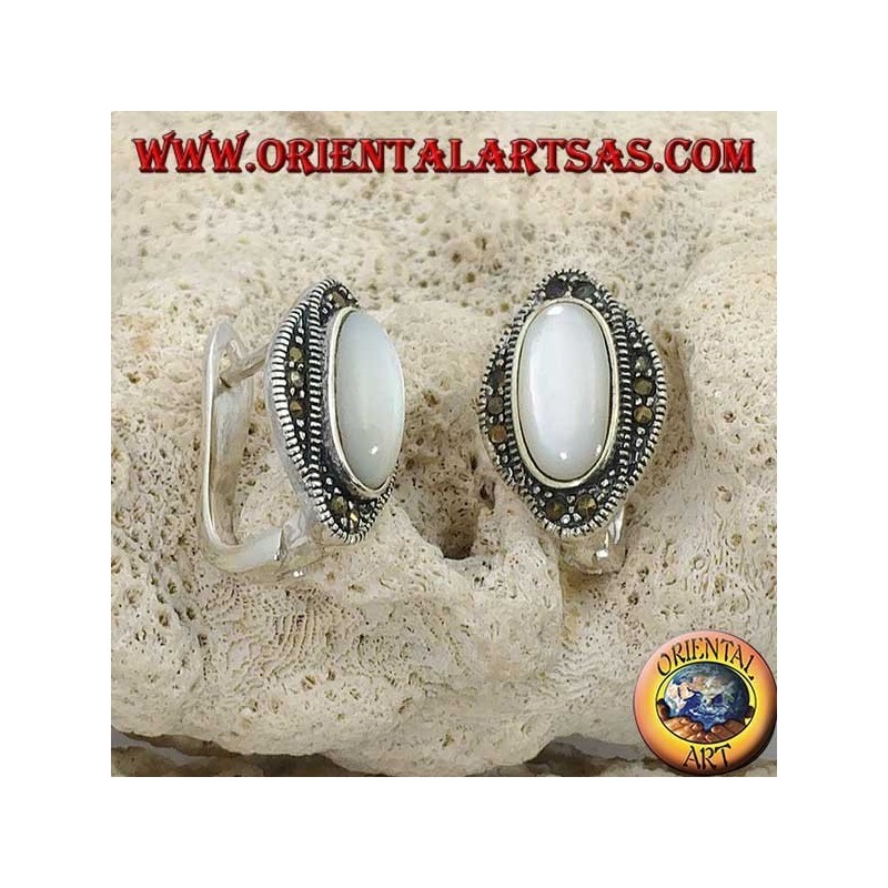 Silver lobe earrings with oval mother of pearl surrounded by marcasites