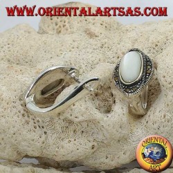 Silver lobe earrings with oval mother of pearl surrounded by marcasites