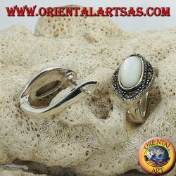 Silver lobe earrings with oval mother of pearl surrounded by marcasites