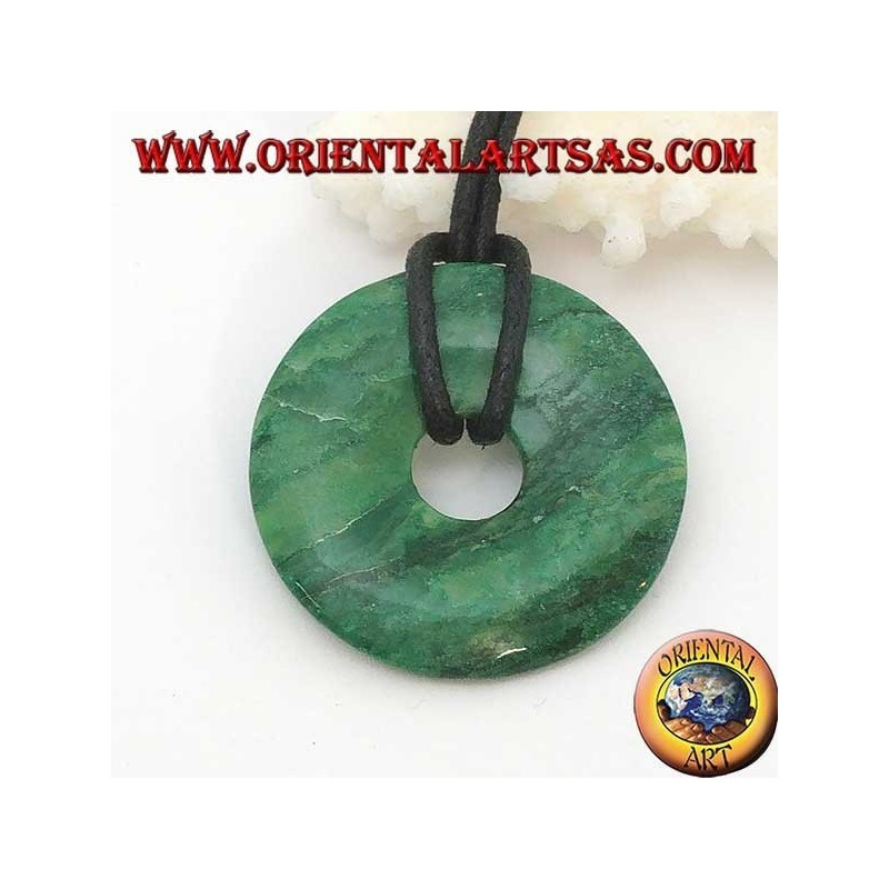 Pendentif en jade vert africain en forme de beignet 35 mm. en diamètre Ø cordon complet  (2)