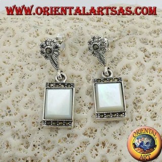 Silver pendent earrings with rectangular mother-of-pearl surrounded by marcasites