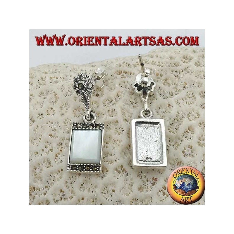 Pendientes colgantes de plata con nácar rectangular rodeados de marcasitas.