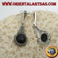 Silver pendent earrings, with round onyx surrounded by marcassites