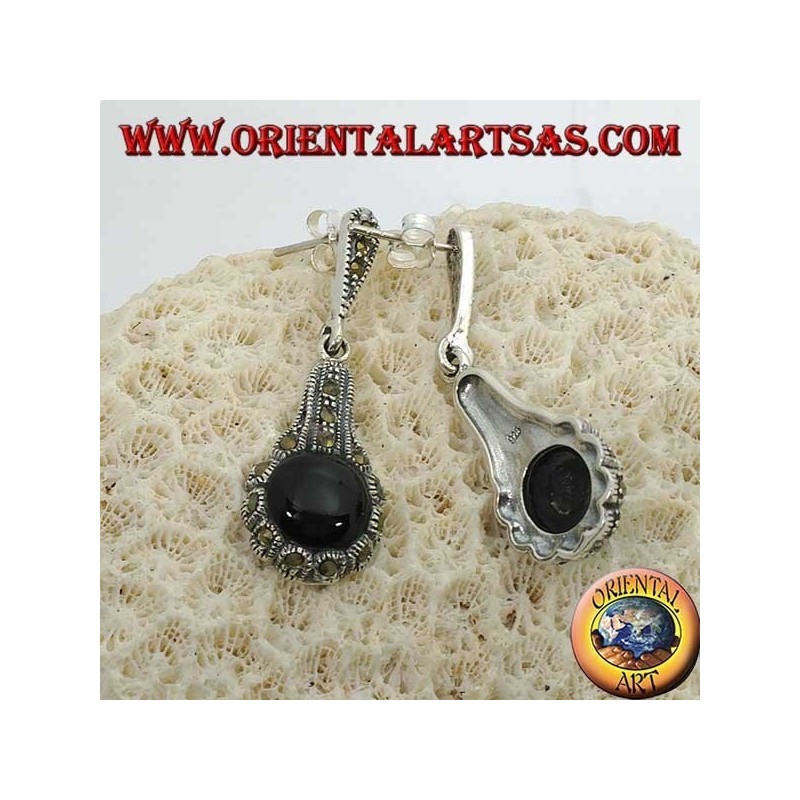 Boucles d'oreilles en argent avec onyx rond entouré de marcassites