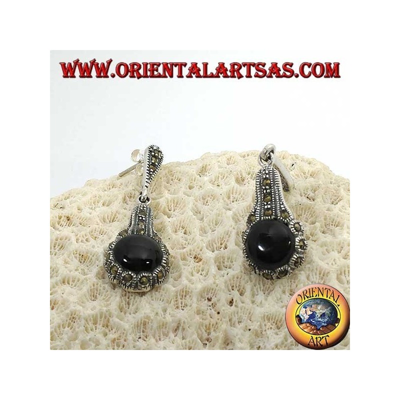 Silver pendent earrings, with round onyx surrounded by marcassites