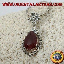 Silver pendant with drop-shaped carnelian surrounded by marcasite