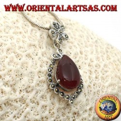 Silver pendant with drop-shaped carnelian surrounded by marcasite