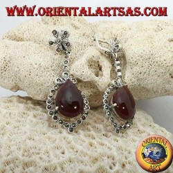 Silver pendant earrings with drop-shaped carnelian surrounded by marcasite