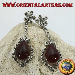 Silver pendant earrings with drop-shaped carnelian surrounded by marcasite