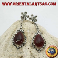Silver pendant earrings with drop-shaped carnelian surrounded by marcasite