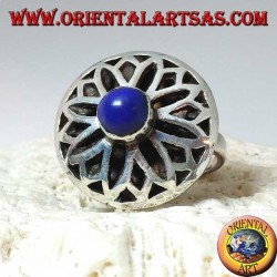 Silver lotus flower ring carved with round lapis lazuli in the center