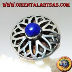 Silver lotus flower ring carved with round lapis lazuli in the center