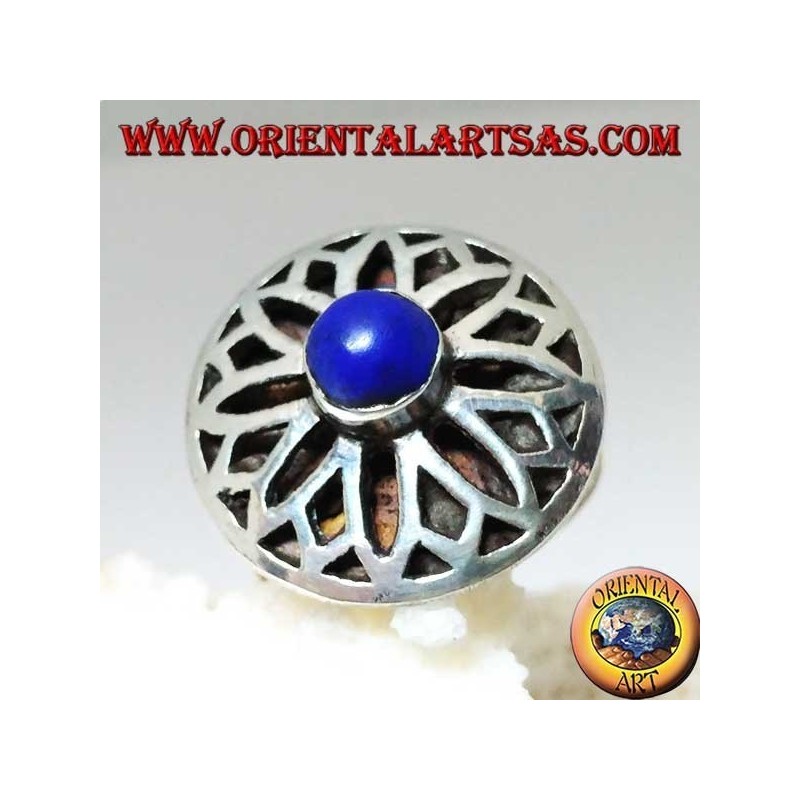Silver lotus flower ring carved with round lapis lazuli in the center