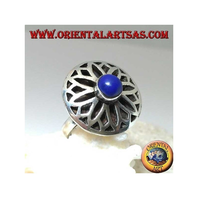 Silver lotus flower ring carved with round lapis lazuli in the center
