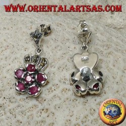 Silver pendent earrings with 6 natural round rubies set to form a flower and marcasite