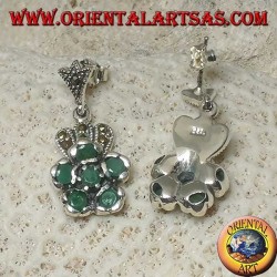 Silver earrings with 5 round natural emeralds set to form a flower and marcasite