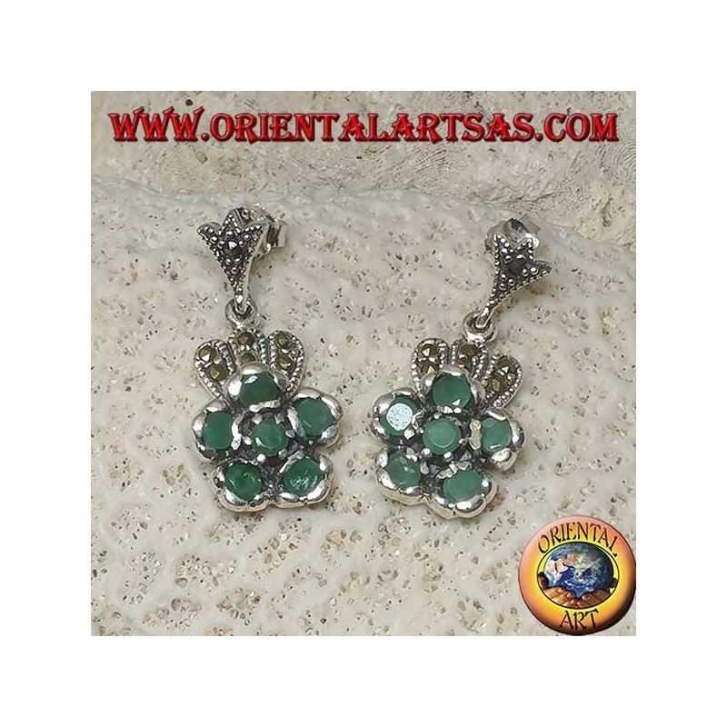 Silver earrings with 5 round natural emeralds set to form a flower and marcasite
