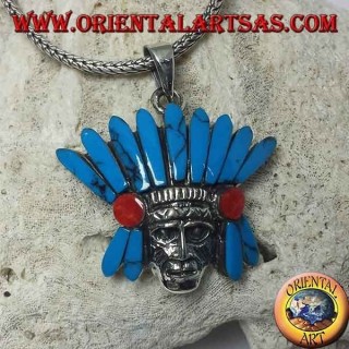 Colgante de plata, cabeza de indio nativo con tocado de plumas turquesa