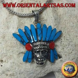 Silver pendant, native Indian head with turquoise feather headdress