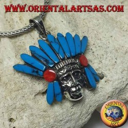 Colgante de plata, cabeza de indio nativo con tocado de plumas turquesa