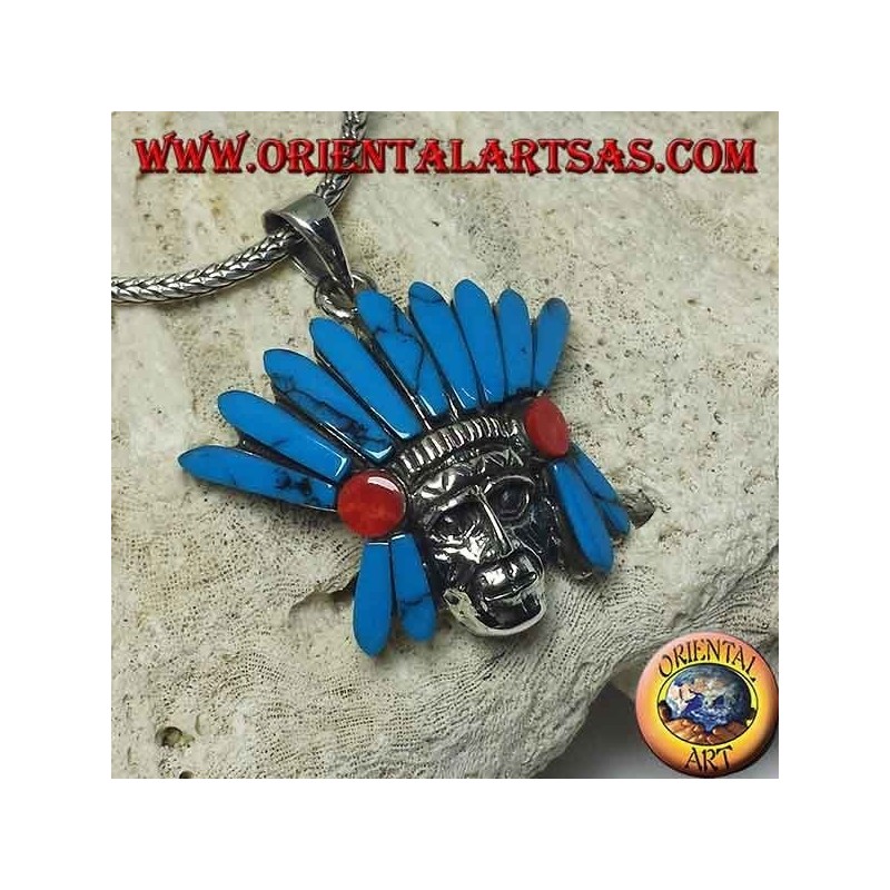 Colgante de plata, cabeza de indio nativo con tocado de plumas turquesa