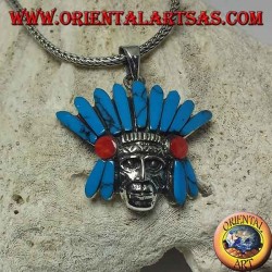 Colgante de plata, cabeza de indio nativo con tocado de plumas turquesa