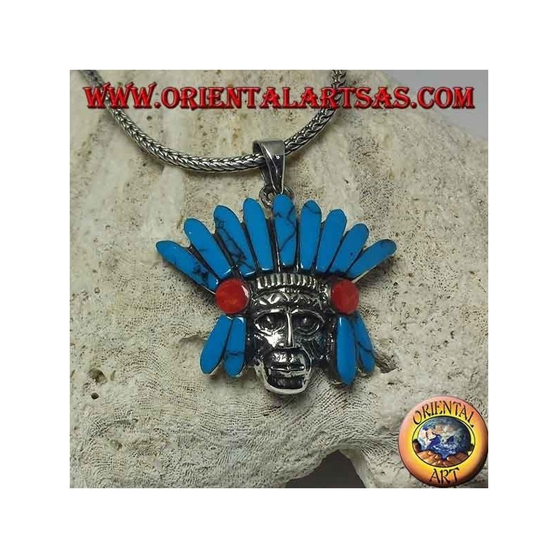 Colgante de plata, cabeza de indio nativo con tocado de plumas turquesa