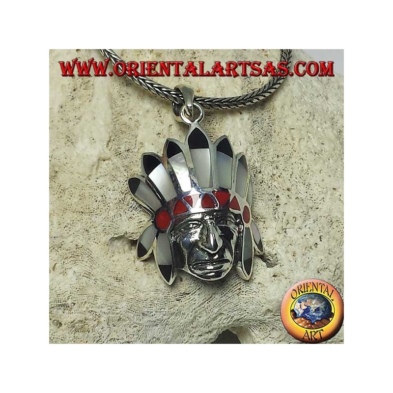 Silver pendant, native Indian head with mother-of-pearl onyx and coral headdress