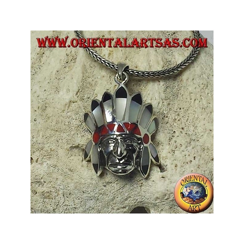 Pendentif en argent, tête d'indien indigène avec coiffe en onyx et corail nacrés