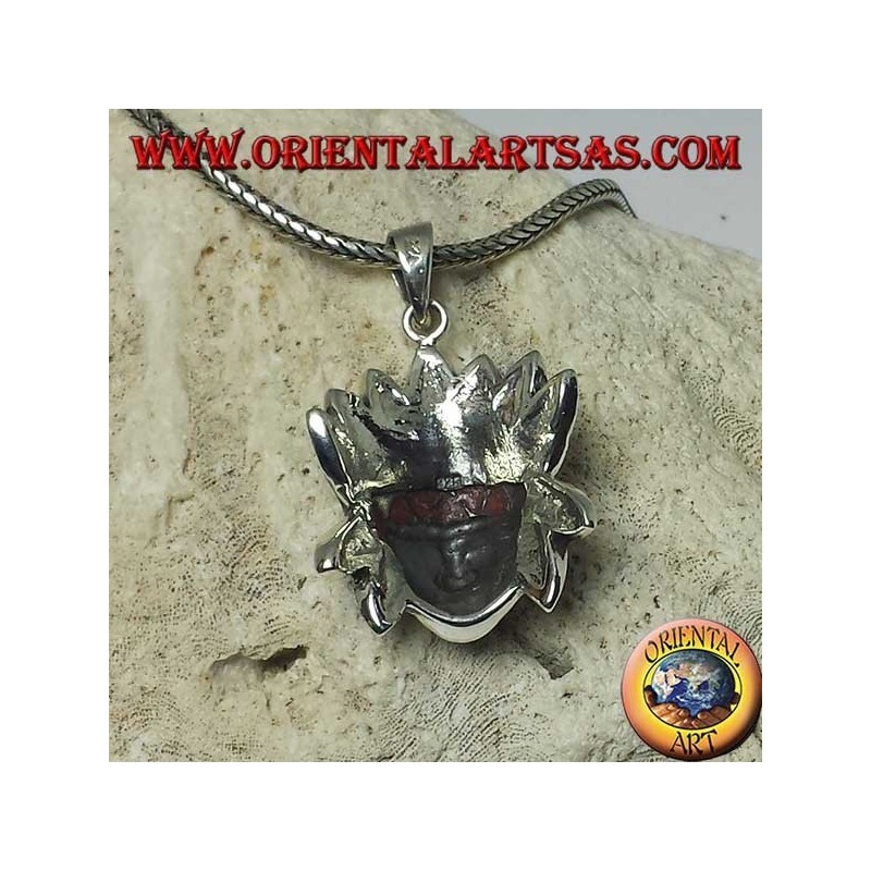 Silberanhänger, Indianerkopf mit Perlmutt-Onyx und Korallenkopfschmuck