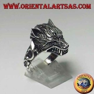Anello in argento 925 ‰ , con testa di lupo che ringhia