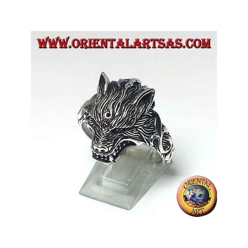Anillo en plata 925 ‰, con cabeza de lobo que gruñe