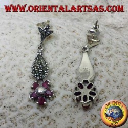 Silver pendent earrings with 5 natural oval rubies set to form a flower and marcasite