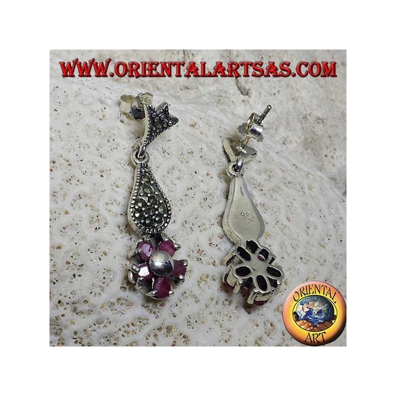 Silver pendent earrings with 5 natural oval rubies set to form a flower and marcasite
