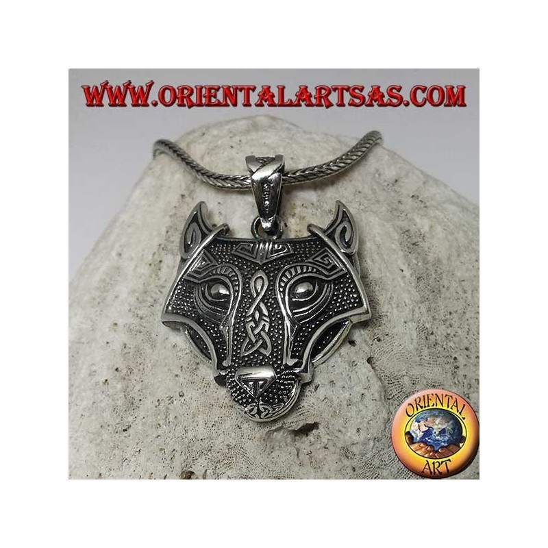 Silber Wolfskopf Anhänger mit keltischem Knoten
