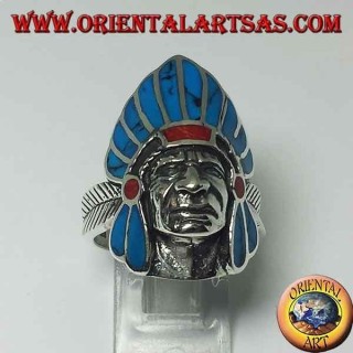 Anillo en plata Cara india nativa americana con plumas de color turquesa