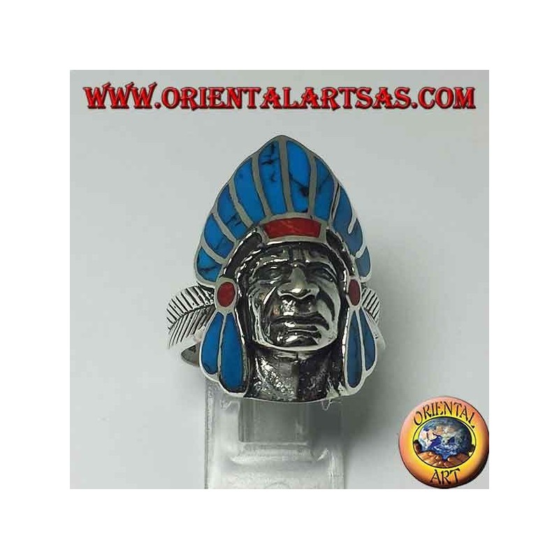 Ring in silver Indian native American face with turquoise feathers