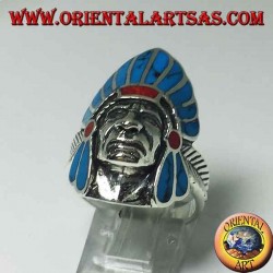 Bague en argent visage amérindien indien avec des plumes turquoise