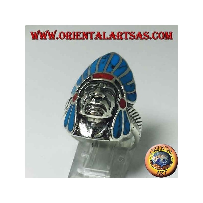 Anillo en plata Cara india nativa americana con plumas de color turquesa
