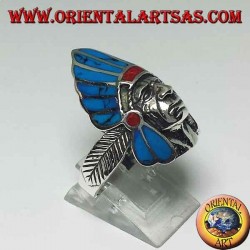 Ring in silver Indian native American face with turquoise feathers
