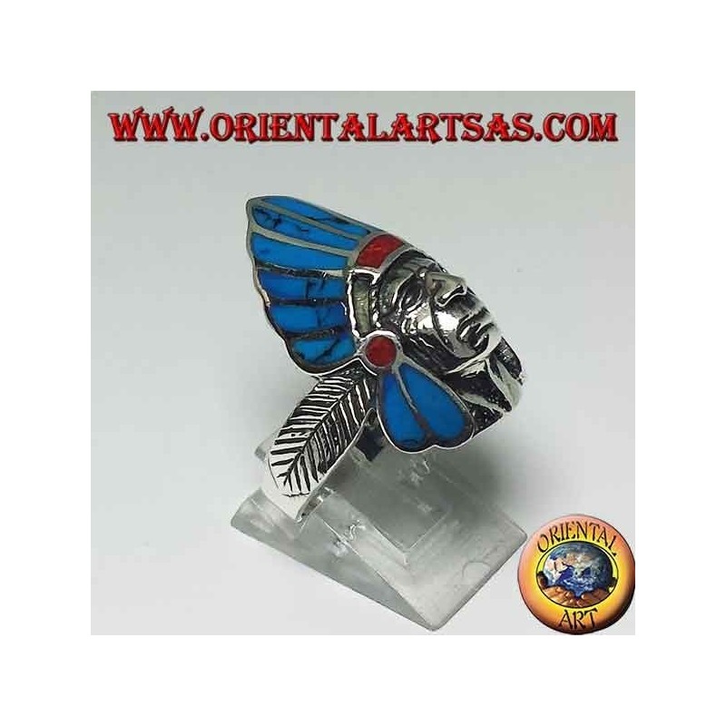 Anillo en plata Cara india nativa americana con plumas de color turquesa